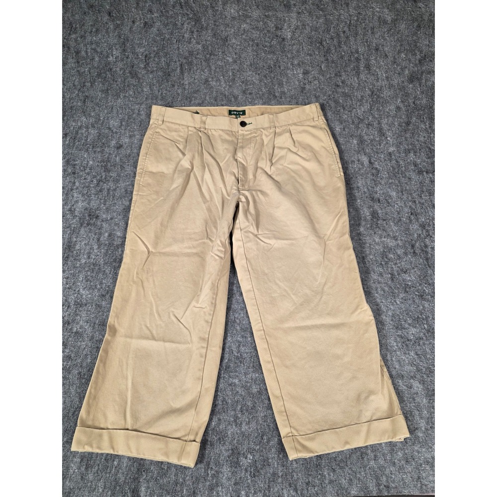 Orvis Mens 40x32 Khaki Chino Pants Double Pleated Cuffed Cotton Twill Beige
